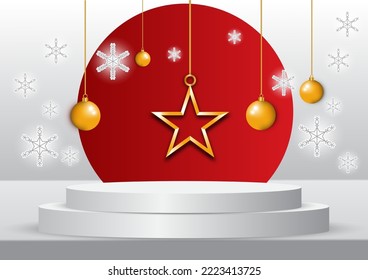 Great vector illustration, three dimensional low circle. The background is a with geometric shape .Christmas ball snowflakes white red.