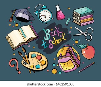 Great vector set back to school. Colorful vector hand drawn Doodle cartoon set of themed elements, objects and symbols. Colorful illustration. Collection with a large number of objects. 