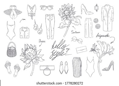 Great vector set of clothes garments and flowers isolated on white background. Handwork fashion draw for design