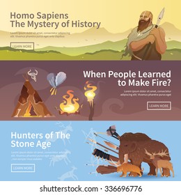 Great Vector Set Of Web Banners For Your Projects. Primitive Man. Ice Age. Cavemen. Stone Age. Neanderthals. Homo Sapiens. Extinct Species. Evolution. Hunting. Flat Design.