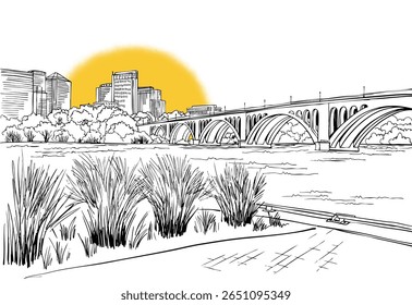 Ótima vista da Ponte Key em Washington DC, EUA. Rio Potomac. Arlington. Paisagem urbana. Luz do Sol. Esboço desenhado à mão. Ilustração em preto e branco. Plano de fundo do vetor LineArt. Estilo do cartão postal.