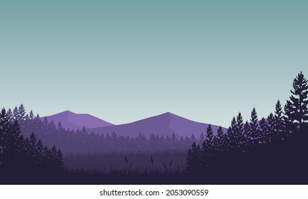 Great view of mountains with forest in the morning from the out of the city. Vector illustration of a city