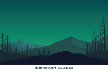 Great view of the mountains with the forest at night from the out of the city. Vector illustration of a city