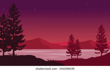 Great view of the mountains from the riverbank with the silhouettes of the surrounding trees at night. Vector illustration of a city