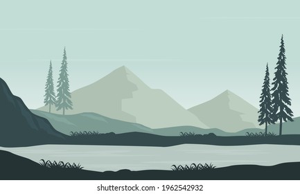 Great view of the mountains from the riverbank at sunrise. Vector illustration