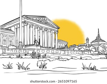 Ótima vista sobre Washington DC, EUA. Luz do Sol. Paisagem urbana. Esboço desenhado à mão. Ilustração em preto e branco. Plano de fundo do vetor LineArt. Sem pessoas. Estilo do cartão postal.
