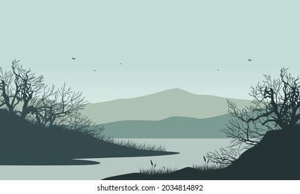 Great views of the mountains from the riverbank on a sunny morning. Vector illustration of a city