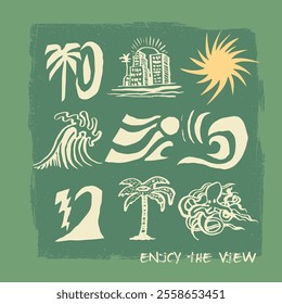 Great view.Summer t-shirt design. Palm tree and surfboard drawing.Vector illustration design for fashion fabrics, textile graphics, print.