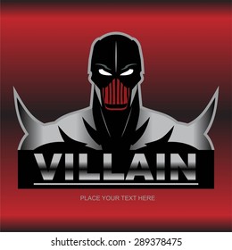Great  Villain, in black and metallic costume, isolated on red metallic background. 