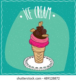 Great waffle cone with fruit and chocolate ice cream, cookies and colored sprinkles, is on the lacy napkin. Cyan background. Handmade cartoon style. Vector illustration