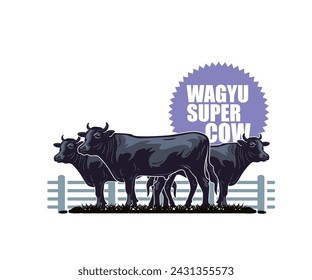 GRAN WAGYU BULL LOGO, silueta de feliz y saludable ganado de pie ilustraciones vectoriales