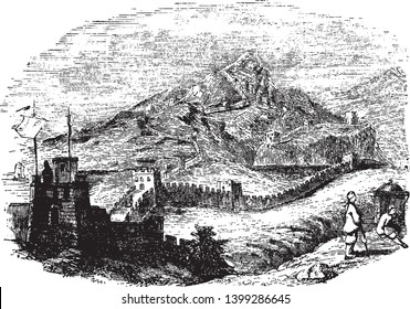 Great Wall built by the first emperor of the Tsin dynasty about 220, vintage line drawing or engraving illustration.