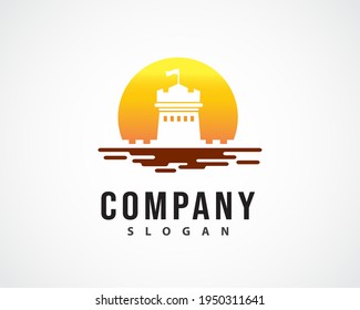 great wall castle sun background logo design illustration