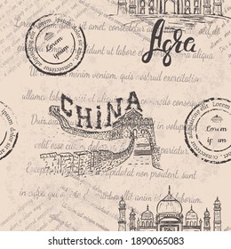 The great Wall of China with Agra label with hand drawn the Taj Mahal, lettering Agra on beige background