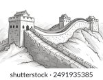 Great wall of china. Black and white line drawing illustration of the great wall of china. 