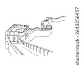 The great wall of china. Black and white illustration of Great Wall of China.
