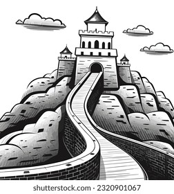 The great wall of china. Black and white illustration of Great Wall of China.