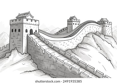 Gran muralla china. Ilustración de dibujo en blanco y negro de la gran pared de China. 