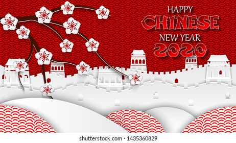 Great Wall of China, cherry blossoms, traditional oriental pattern. Design Chinese New Year banner, background, wallpaper, greeting card, invitation, poster. Vector illustration, paper cut out style.