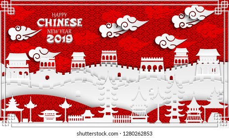 Great Wall of China, Chinese clouds, traditional oriental pattern. Design of Chinese New Year banner, background, wallpaper, cards, invitations, poster. Vector illustration, paper cut style.