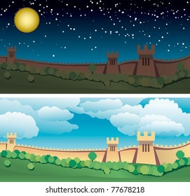 Great Wall of China. Day and night. All objects are in separate layers and grouped individually. Very easy to edit.