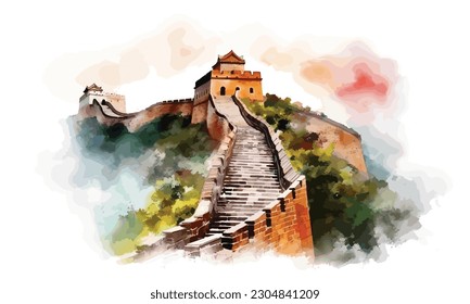 The Great Wall of China with distant mountains watercolor painting Abstract background.