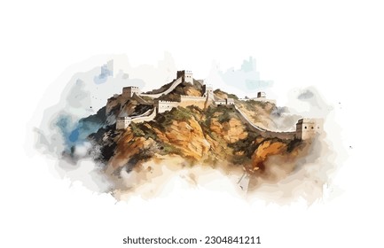 The Great Wall of China with distant mountains watercolor painting Abstract background.