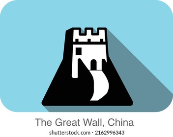 The Great Wall, China, famous landmark flat icon design, Famous scenic spot