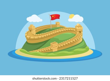 Great Wall Of China Famous Landmark Cartoon Illustration Vector