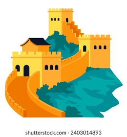 La gran muralla de China - imagen aislada de diseño plano. Ilustración minuciosa de una de las maravillas del mundo y el monumento arquitectónico más grande. Gran legado e idea de patrimonio