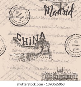 The great Wall of China, hand drawn Royal Palace of Madrid, lettering Madrid on a beige background
