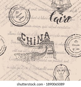 The great Wall of China with hand drawn Cairo label with hand drawn Sphinx, faded text, seamless pattern on beige background