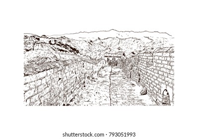Great Wall of China. Hand drawn sketch illustration in vector.