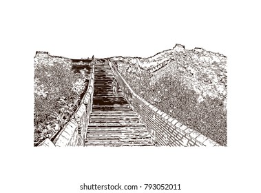 Great Wall of China. Hand drawn sketch illustration in vector.