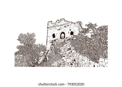 Great Wall of China. Hand drawn sketch illustration in vector.
