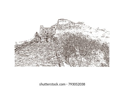 Great Wall of China. Hand drawn sketch illustration in vector.
