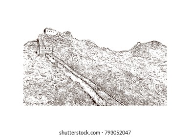 Great Wall of China. Hand drawn sketch illustration in vector.