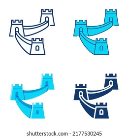 The Great wall of China icon set in flat and line style. Chinese famous protective border. Vector illustration.