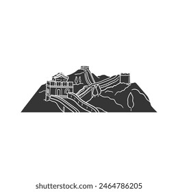 Great Wall China Icon Silhouette Illustration. World Monuments Vector Graphic Pictogram Symbol Clip Art. Doodle Sketch Black Sign.