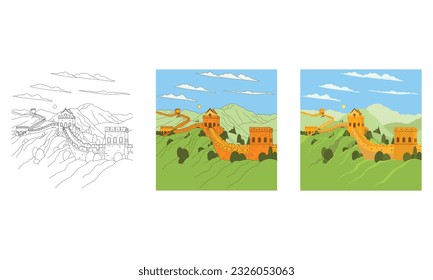 Great Wall of China illustration, historical landscape, famous world landmark with watchtowers and wall sections on green mountains. Travel vector illustration, line and flat style.