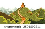 Great wall china landscape. Chinese prominent monumental giant structure. Wall sections on green mountains for travel and tourism, flat style concept