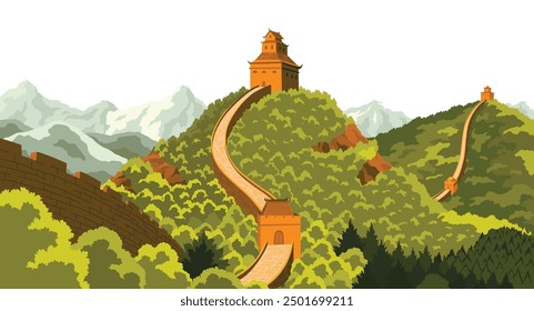 Great wall china landscape. Chinese prominent monumental giant structure. Wall sections on green mountains for travel and tourism, flat style concept