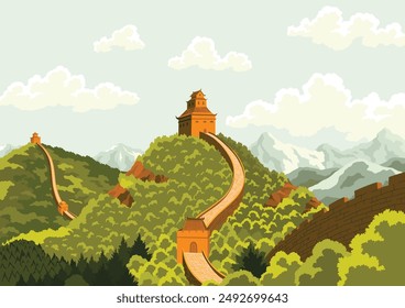 Great wall china landscape. Famous landmark with watchtowers. Wall sections on green mountains for travel and tourism, flat style concept