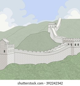 Great Wall of China. A line illustration with tinted colors. The wall runs across hills with some large clouds and blue sky in the background
