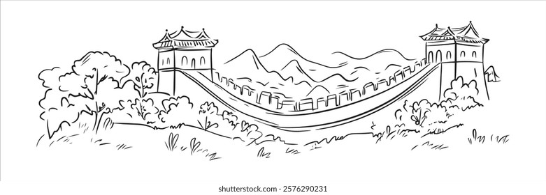 great wall of china with lush greenery hand-drawn line art illustration