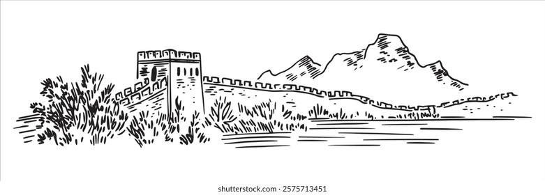 great wall of china with lush vegetation and mountains hand-drawn sketch doodle