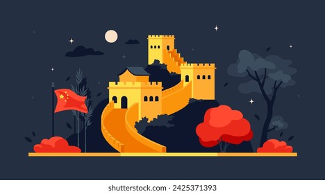 La gran muralla de China - ilustración vectorial de colores modernos con la mayor atracción de Asia en el telón de fondo del cielo nocturno con luna. Atmósfera de noche mágica y visitas turísticas