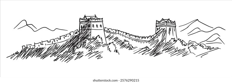 great wall of china with mountain scenery hand-drawn line art illustration