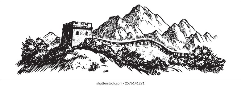 great wall of china with mountains in black and white hand-drawn style