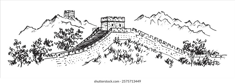 great wall of china with mountains and trees hand-drawn sketch doodle